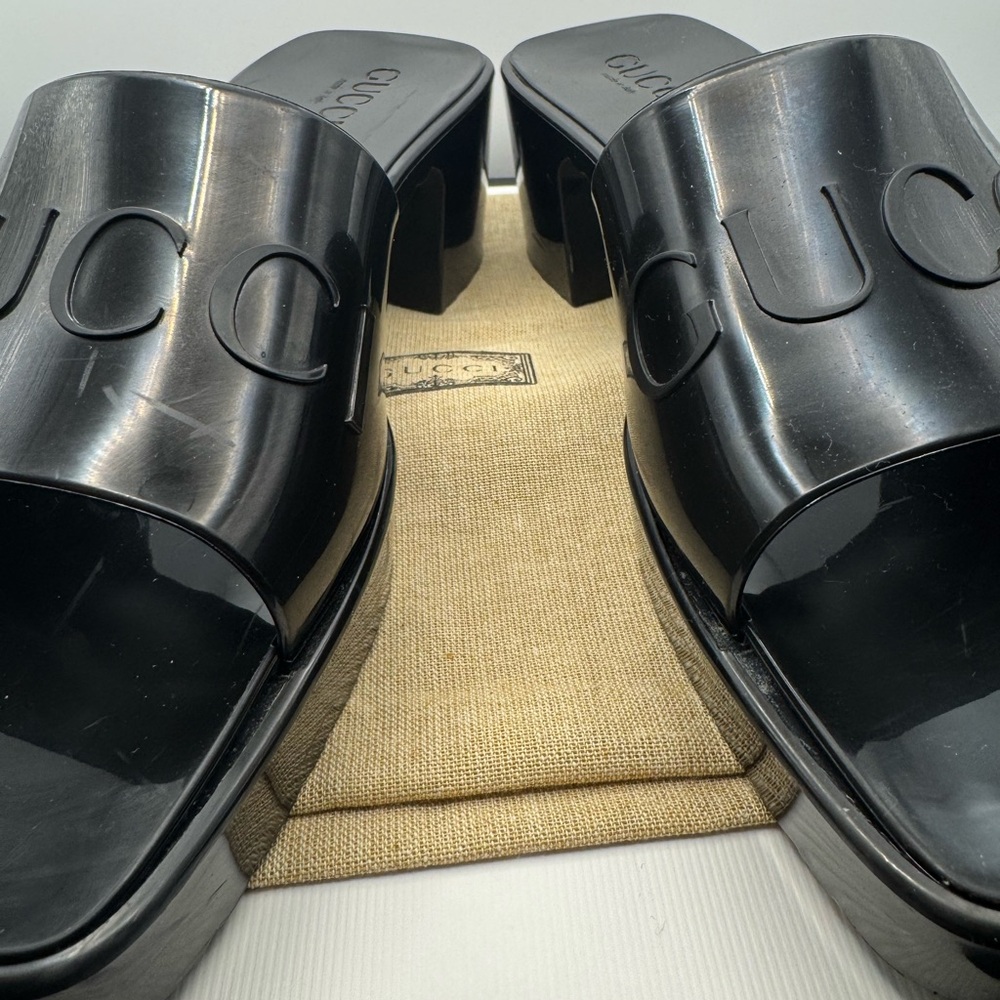 Authentic Gucci Black Rubber Block Heel Slide Sandals 38 - Picture 6 of 8